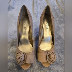 GUESS Women's Tan Peep-Toe Heels